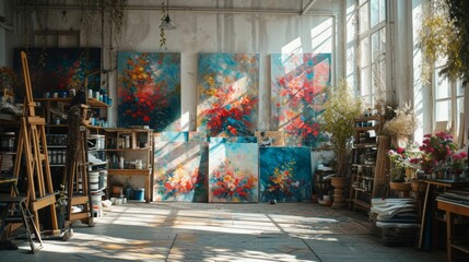An artist's studio bathed in natural light, with oil paintings in various stages of completion.