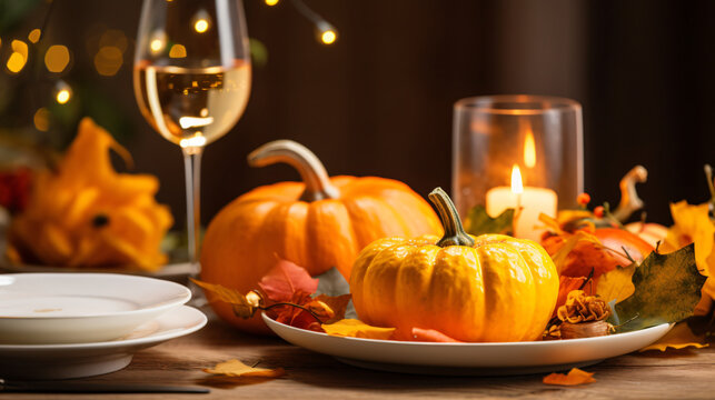 Table setting with plate pumpkin and candles