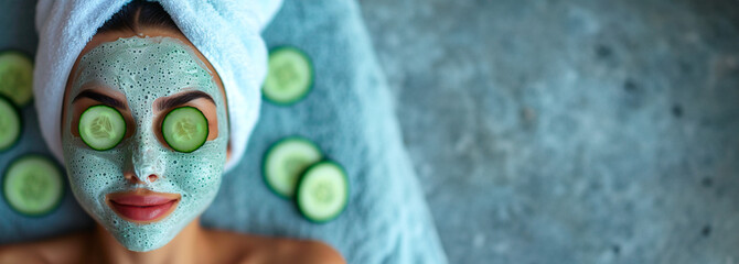 Fototapeta na wymiar Beautiful woman with moisturizing and nourishing facial mask lying in spa center with towel, cucumber slices on eyes on concrete background. Beauty and relaxing concept banner with copy space.
