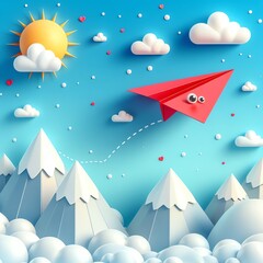 Fototapeta na wymiar Playful Paper Plane Cartoon in Sky with Mountains