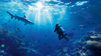 Scuba Diver and Shark in Sunlit Underwater Reef