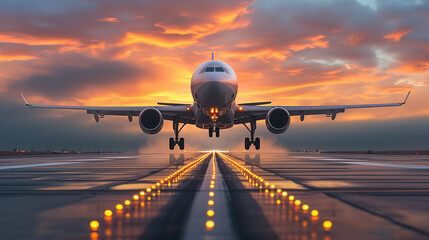  Airplane Landing on Runway at Dusk with Bright Lights