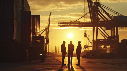 Workers Discussing in Shipping Port at Sunset