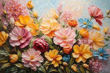 Oil painting of spring flowers on canvas. Beautiful abstract colorful flowers. impasto painting