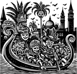 Gondola with three people dressed for carnival. Black vector illustration on white background.