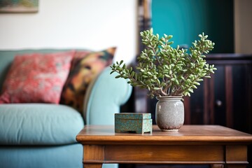 jade plant on a side table beside a sofa