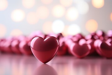 Pink glossy heart shaped candies for valentines day on blurred bokeh background