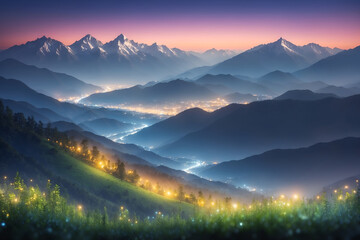 Sunset sky, the mountains landscape, city night lights view 