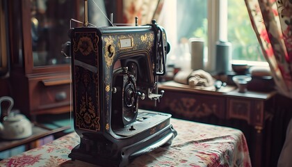 An old sewing machine, standing on a special table - obrazy, fototapety, plakaty