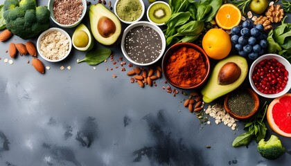Healthy food selection with fruits, vegetables, seeds, superfood, cereals on gray background