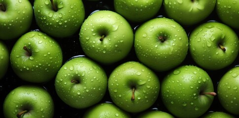 green apples with water drop, fruit background, Health, apple on dark - obrazy, fototapety, plakaty