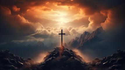 Holy cross symbolizing the death and resurrection of Jesus Christ with the sky over Golgotha Hill is shrouded in light and clouds. Apocalypse concept