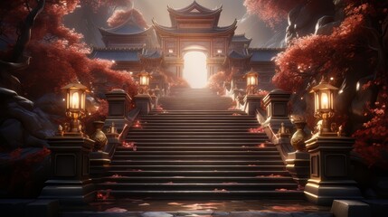Stairs in Asian New Year or Spring entry realistic greeting posters, red lanterns, curtains traditional festive china lunar calendar