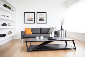 minimalist white living room with sleek black sofa and geometric coffee table