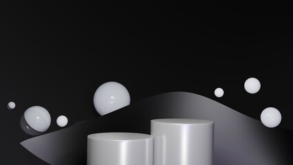 3D Rendering black and white back background with podium and white ball decoration