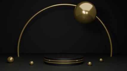 3D Rendering golden back abstract curve background with podium and metal balls