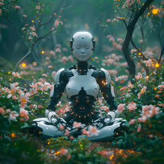 Humanoid robot, ai-generated droid is meditation in lotus pose in a forest with glowing flowers