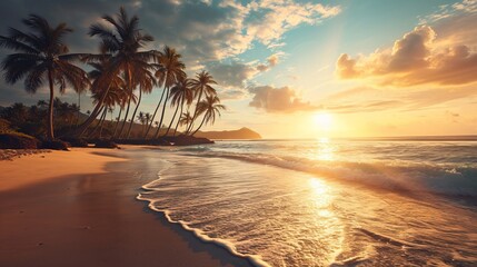 Fototapeta na wymiar Golden Sunset Over a Tranquil Tropical Beach