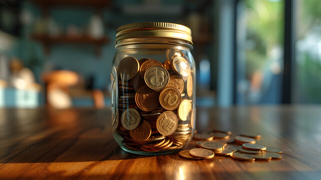 Large number of coins in glass jar. Saving or collecting money for specific purpose. Management and money collection concept