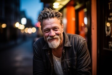 Obraz premium Portrait of a handsome middle aged man with a beard in the city at night.