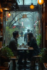 Fototapeta premium Korean couple in their 20s is having a conversation at a cafe