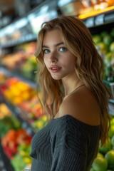 Fototapeta premium Caucasian woman browsing the aisles of a grocery store, carefully selecting fresh produce and groceries for her shopping cart