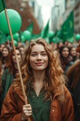 Women holding green flags and balloons at a rally on international womens day