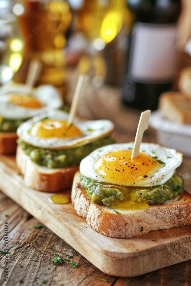 Wall mural Toasts with avocado and fried egg on wooden board, food closeup.