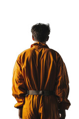 Rear view of a male prisoner wearing a prison uniform isolated on transparent background