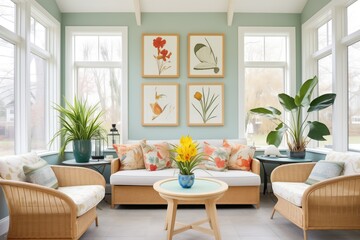 sunroom with botanical prints on the wall