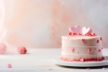 Pink festive valentine day's or wedding cake with sugar hearts on top with copyspace.