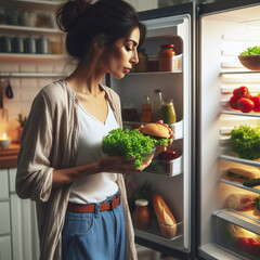Young woman holding fresh salad near open fridge full of healthy food.