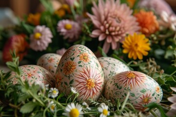 Obraz na płótnie Canvas Floral Elegance: Decorated eggs amid flowers, perfect for advertising