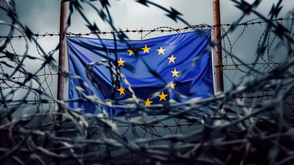 Drapeau Européen derrière des barbelés, l'Europe se prépare à la guerre - obrazy, fototapety, plakaty