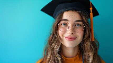minimalist vivid advertisment background with handsome woman in graduation cap and copy space