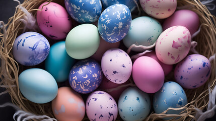 Nest of colorful Easter eggs. Holiday concept. Background image for greeting card, spring postcard, banner, flyer, advertising.