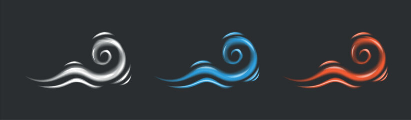 Set of abstract wind light effects. Vector wind flows