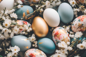 Fototapeta na wymiar Colorful Easter eggs. Background image for greeting card, spring postcard, banner, flyer, advertising 