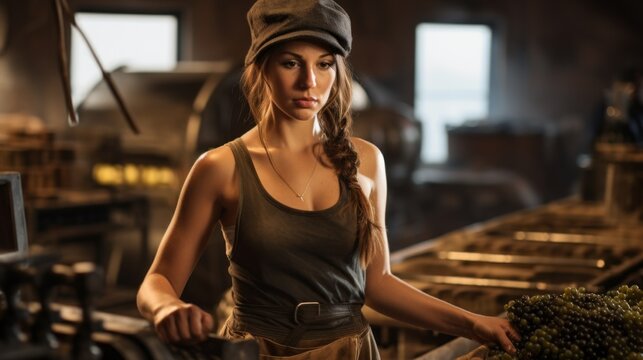 A local woman working in winemaking sorts the fresh grape harvest. Winery, alcoholic beverage storage, food industry concepts.