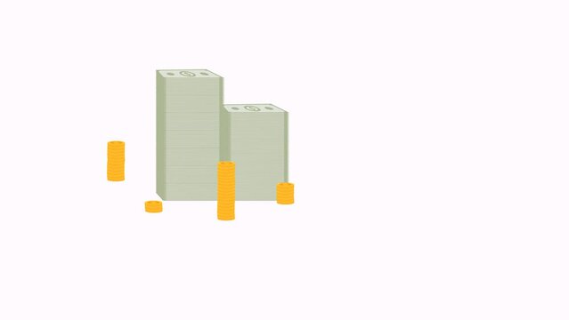 Coins and paper money grow up animation on white background