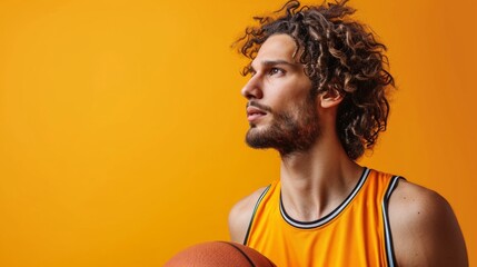 minimalist vivid advertisment background with handsome basketball player and copy space - obrazy, fototapety, plakaty