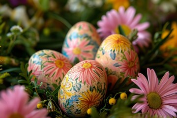 Obraz na płótnie Canvas Floral Elegance: Decorated eggs amid flowers, perfect for advertising