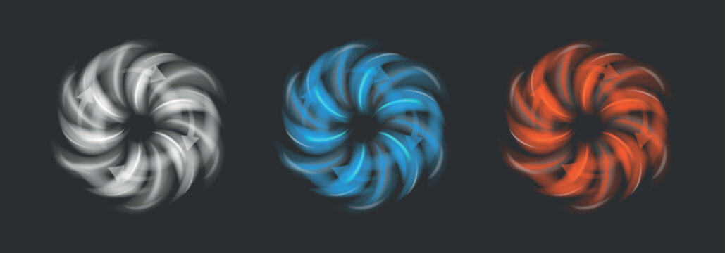 Set of normal, hot and cold air flows from a fan. Abstract light effects with arrows indicating the direction of air movement. Design elements for visualizing air flow from a fan