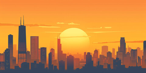 Golden Hour Glory: A Stunning Illustration of a Metropolitan Skyline Bathed in the Warm Hues of Sunset