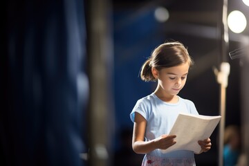 child actress reading script backstage under spotlight - obrazy, fototapety, plakaty