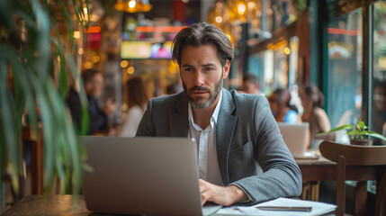 16:9 OR 9:16 Handsome man in a suit sits and analyzes financial market graphs or charts on a laptop.