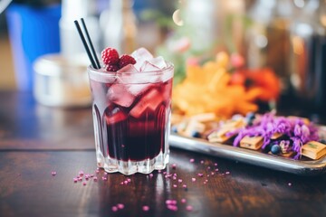 glass of blackcurrant soda with ice cubes and fresh berries - obrazy, fototapety, plakaty
