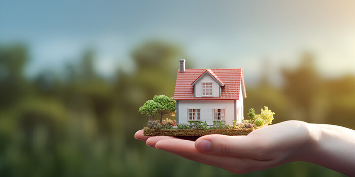User
Symbolic Small House Held in a Human Hand Signifying Fresh Beginnings, Business Ventures, Investments, and Real Estate Aspirations. Girl holding a home symbol on a background