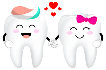 Cute cartoon tooth character with red heart. Couple in love,  Valentine's day concept. Illustration.