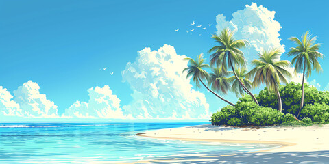 Coconut Palms Swaying on a Tranquil Tropical Beach - obrazy, fototapety, plakaty